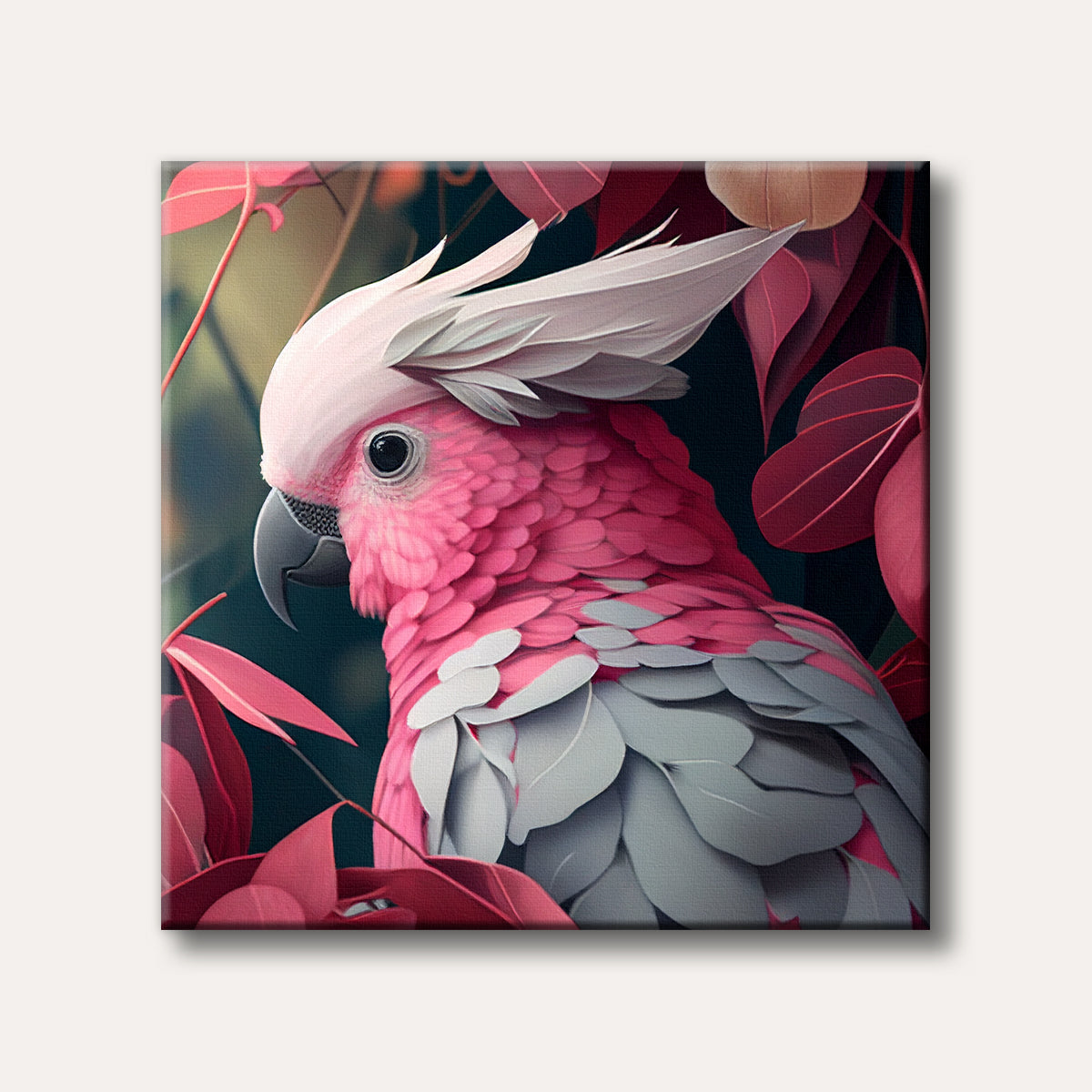 A vibrant pink cockatoo with a white crest and grey feathers is depicted in a detailed, realistic style against a dark, leafy background.
