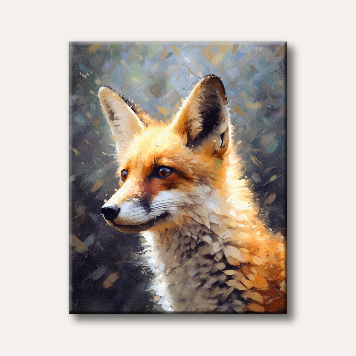 A close-up portrait of a vibrant orange fox with bright eyes, rendered in a painterly, impressionistic style with visible brushstrokes and a dark, dappled background, conveying a striking and elegant mood.