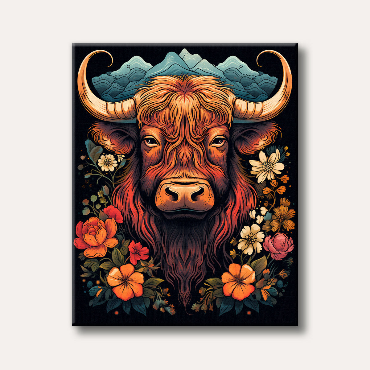 A stylized illustration of a magnificent bull's head with flowing orange fur, surrounded by vibrant flowers and teal mountains, depicted in a bold, dark art style.