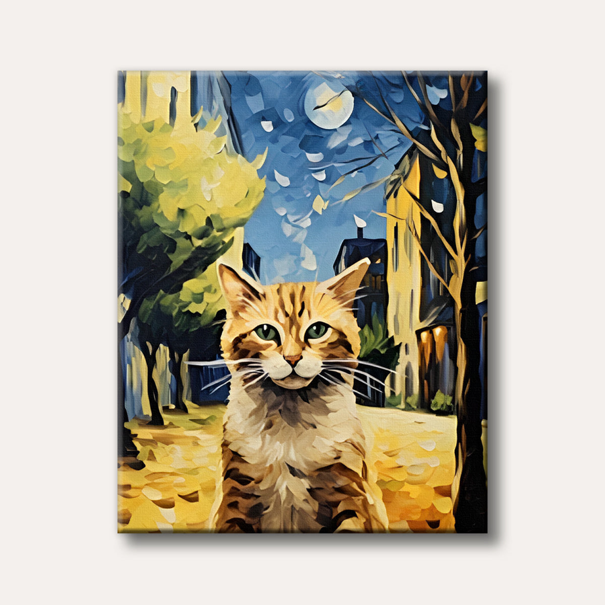 A charming tabby cat with green eyes stands in a moonlit alley with abstract trees and buildings, painted in a blocky, impasto-like style.