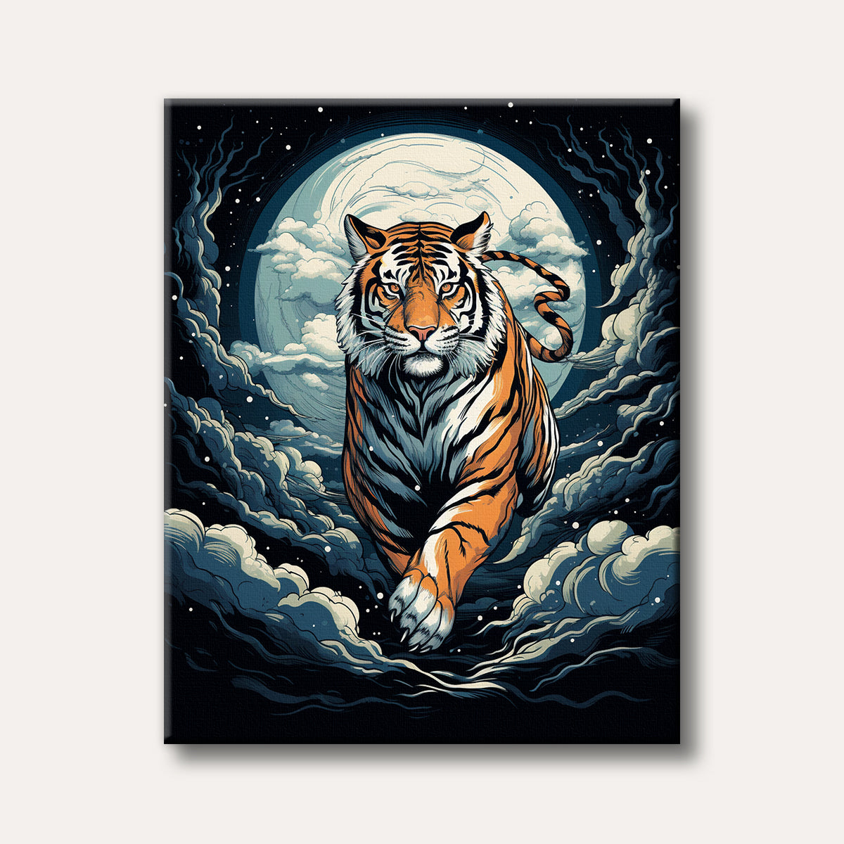 A majestic orange and black striped tiger walks forward against a large, glowing full moon surrounded by dark, swirling clouds and stars, depicted in a graphic, illustrative style.