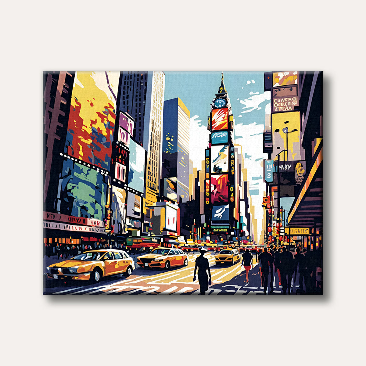A vibrant pop art painting of Times Square, New York City, featuring bright billboards, yellow taxis, and silhouetted pedestrians on a sunny day.