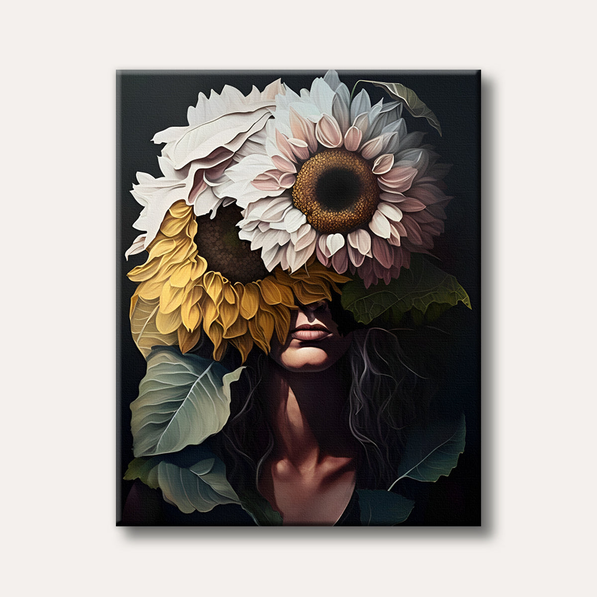 A woman's face is obscured by a crown of vibrant yellow and pale sunflowers with green leaves, rendered in a detailed, artistic style against a dark, mysterious background.