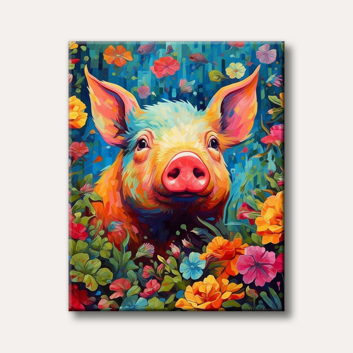 A close-up vibrant portrait of a pig with a colourful snout and ears, surrounded by an abundance of bright, diverse flowers, rendered in a striking pop art style.