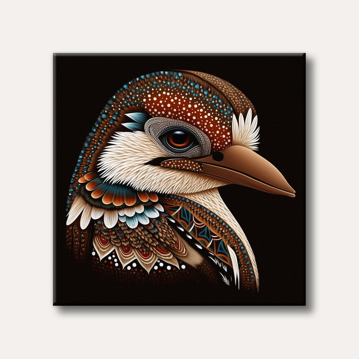 A highly detailed, stylized headshot of a kookaburra bird with intricate, jewel-like feather patterns in brown, white, and blue against a black background, rendered in a modern digital art style.