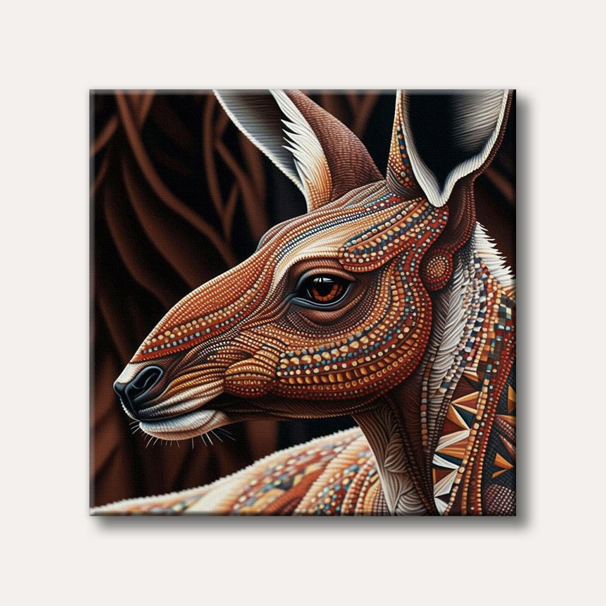 A close-up portrait of a kangaroo, intricately patterned with dot-painting style aboriginal art motifs in warm earthy tones and cool blue accents, set against a dark, abstract background.