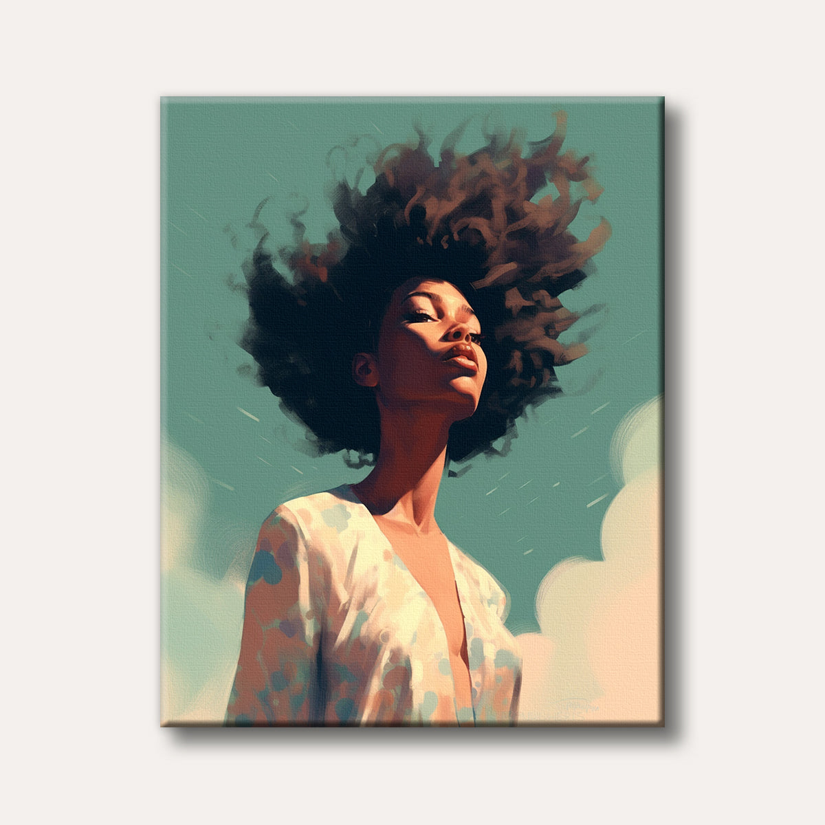 A vibrant portrait of a young woman with a large afro, bathed in warm sunlight against a teal sky, painted in a dynamic, expressive style.