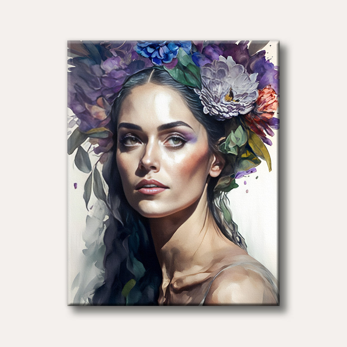 A serene portrait of a woman with dark hair and striking eyes, wearing a large, ornate crown of purple and blue fantasy flowers, painted in a dreamy, soft focus watercolour style.