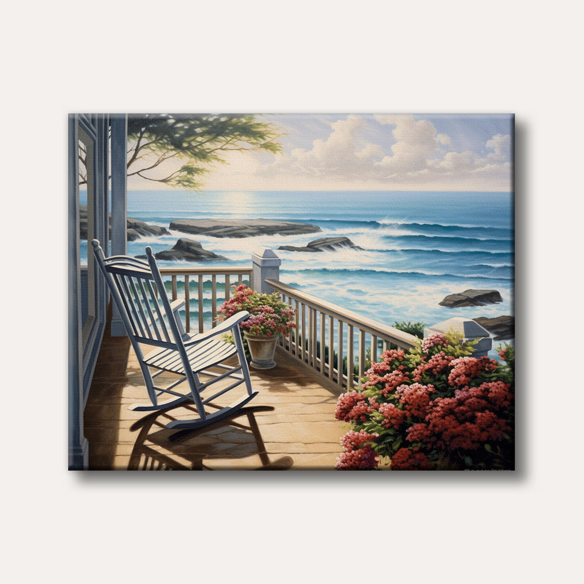 A realistic painting of a white rocking chair on a sunlit wooden porch overlooking a vibrant blue ocean with crashing waves and large rocks, surrounded by lush red and pink flowers.