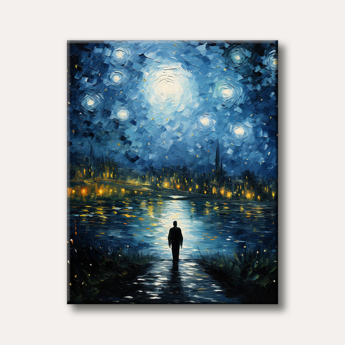 A person stands at the water's edge, gazing at a distant city skyline under a large, glowing moon and swirling stars, painted in a textured, impasto style reminiscent of Van Gogh.