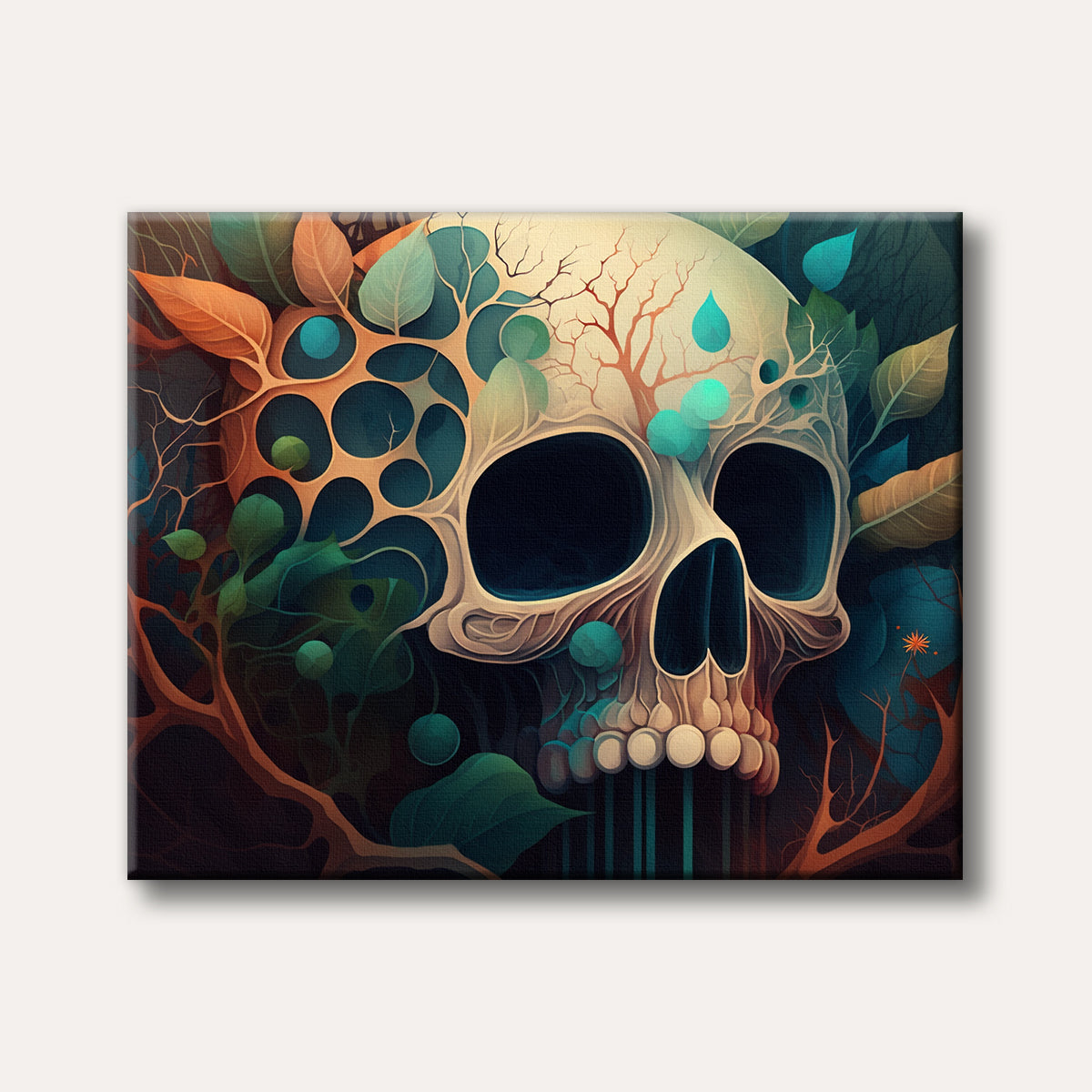 A stylized artistic depiction of a human skull merging with organic brown branches, green leaves, and teal abstract elements, set against a dark, mysterious background.