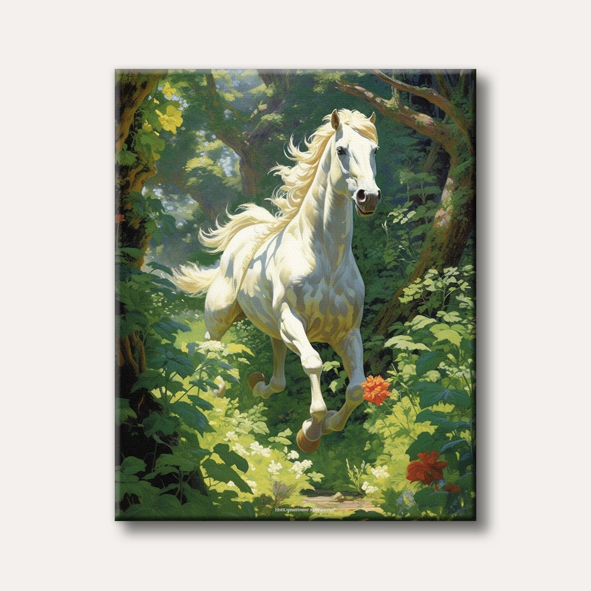 A majestic white horse with a flowing mane and tail gallops through a lush, sun-dappled green forest adorned with colourful flowers, depicted in a realistic and vibrant style.