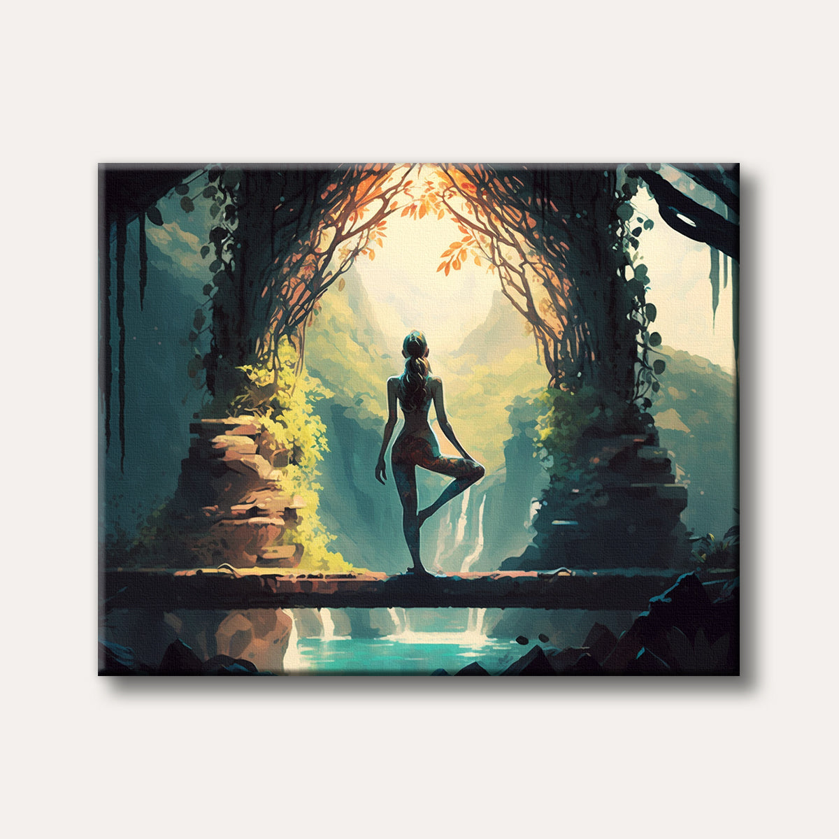 A lone woman in a yoga tree pose stands on a bridge over water, surrounded by lush jungle foliage and bathed in glowing light, depicted in a painterly, serene style.