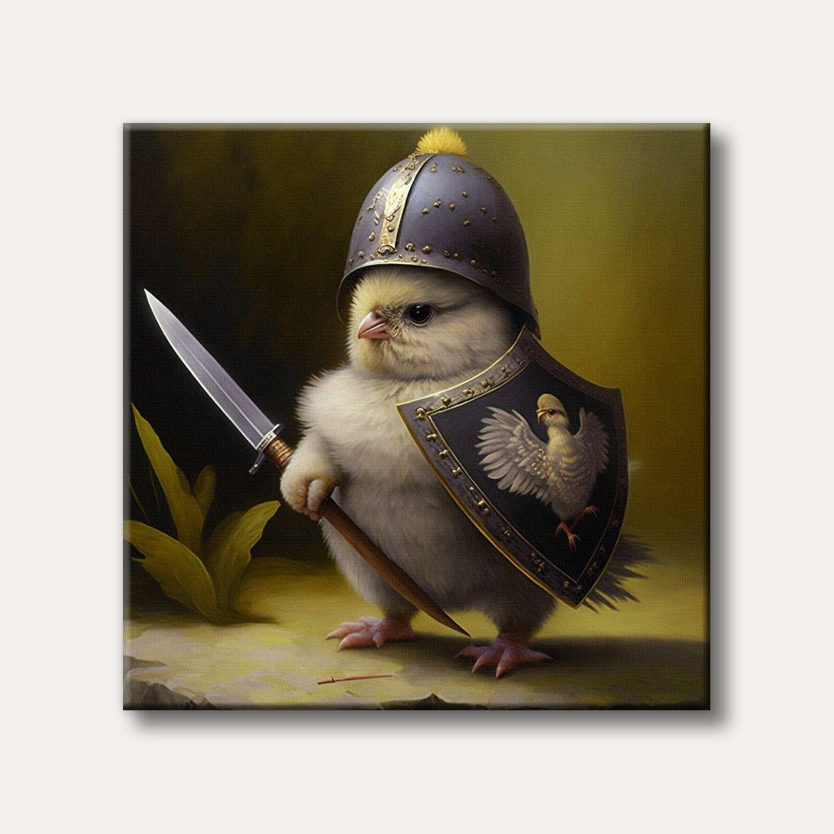 A fluffy yellow chick wearing a knight's helmet and holding a sword and shield, depicted in a realistic and charming style.