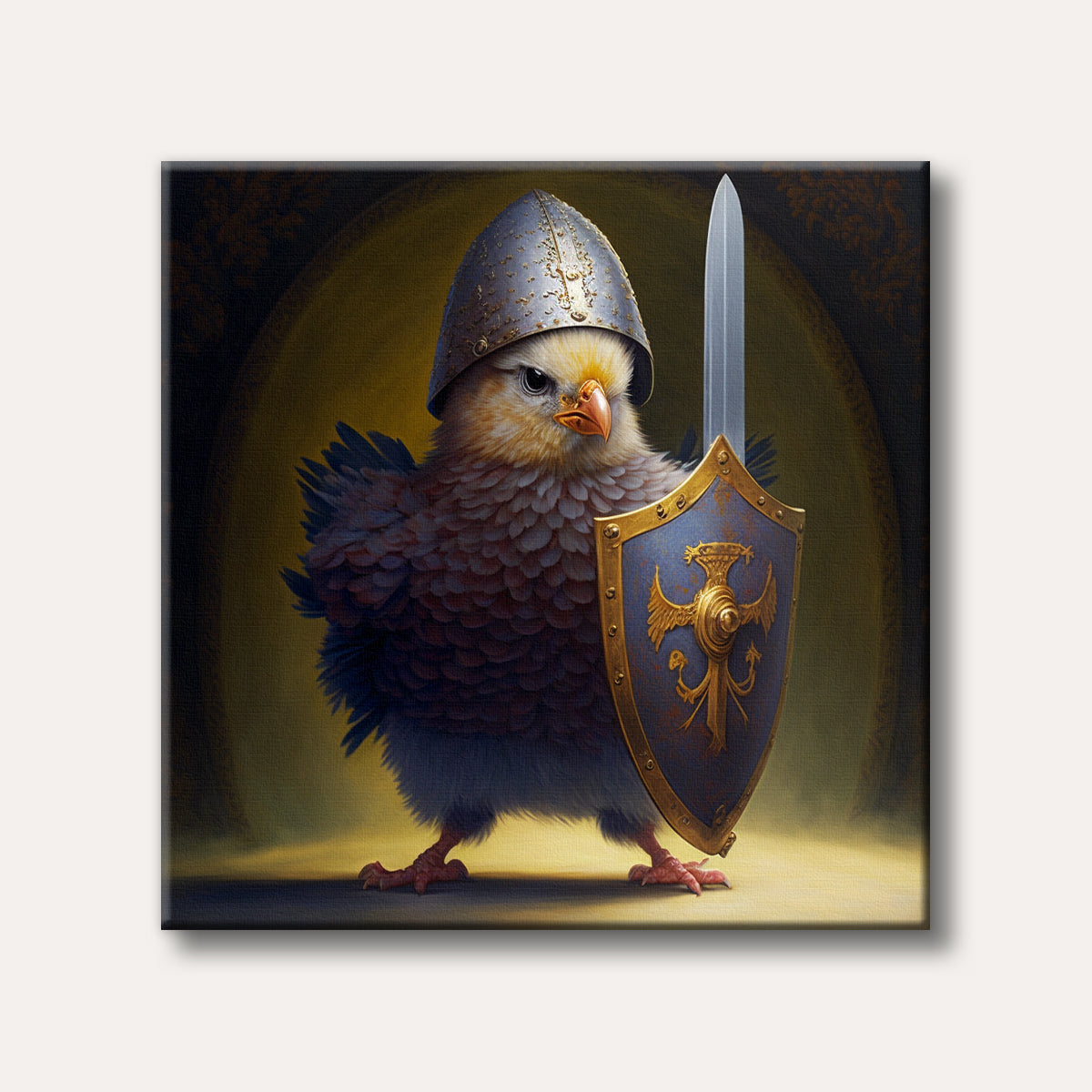 A fluffy chick dressed as a knight, wearing a helmet and holding a shield and sword, depicted in a realistic and whimsical art style.