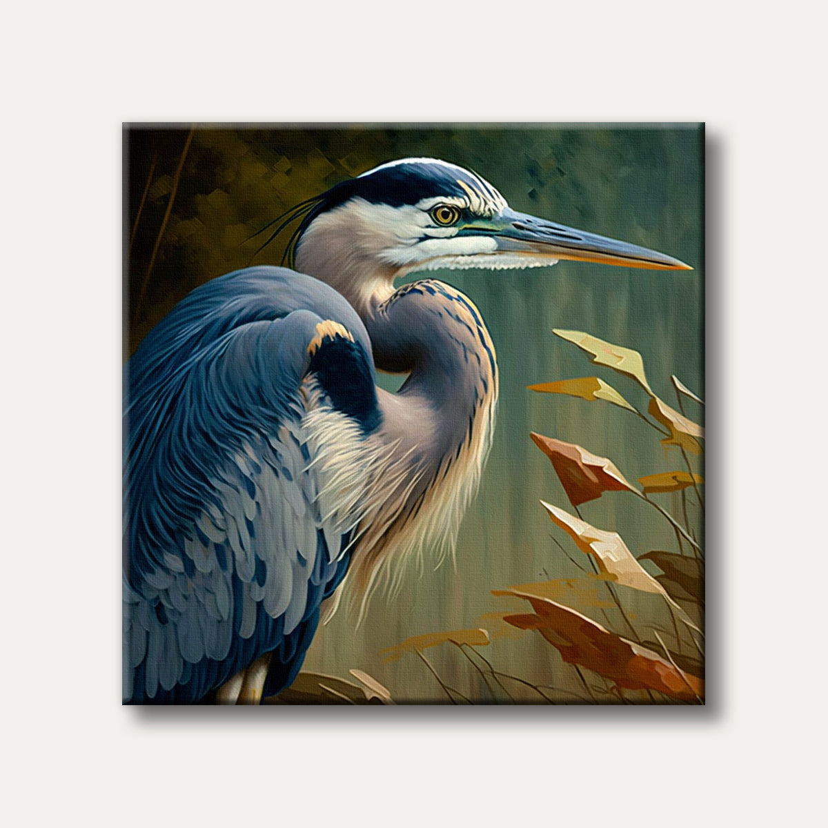 A detailed, close-up painting of a Great Blue Heron with blue and white plumage, set against a muted green and brown background with hints of marsh plants, depicted in a realistic art style.