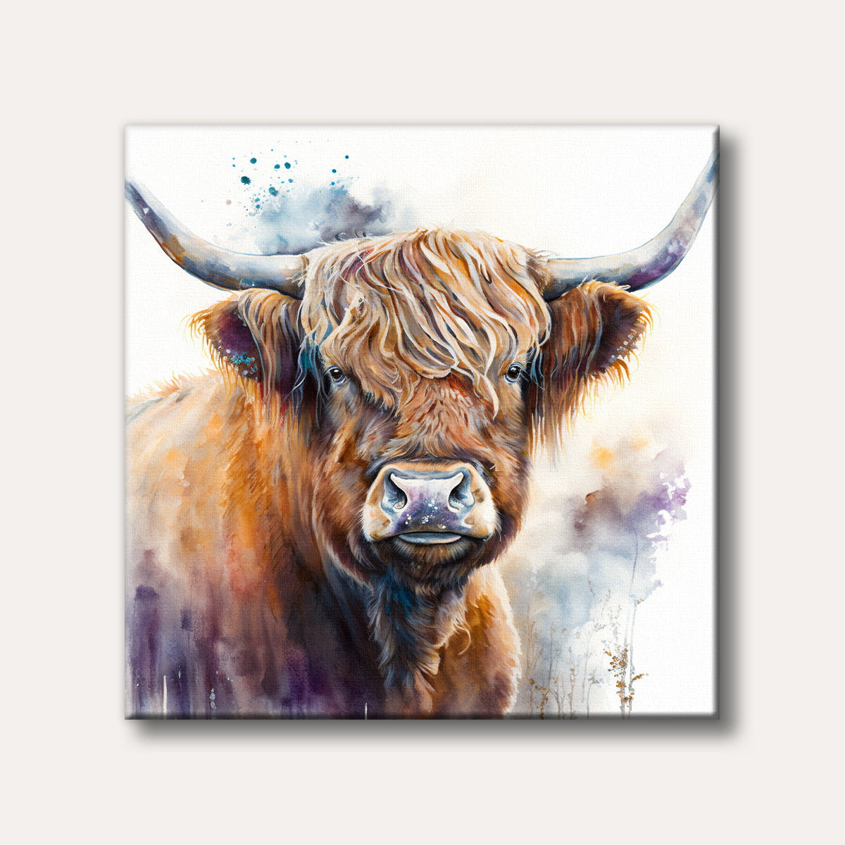 A close-up watercolour painting of a majestic Highland cow with long shaggy fur and large horns, rendered in warm brown tones with colourful abstract splashes in the background, conveying a gentle and artistic mood.