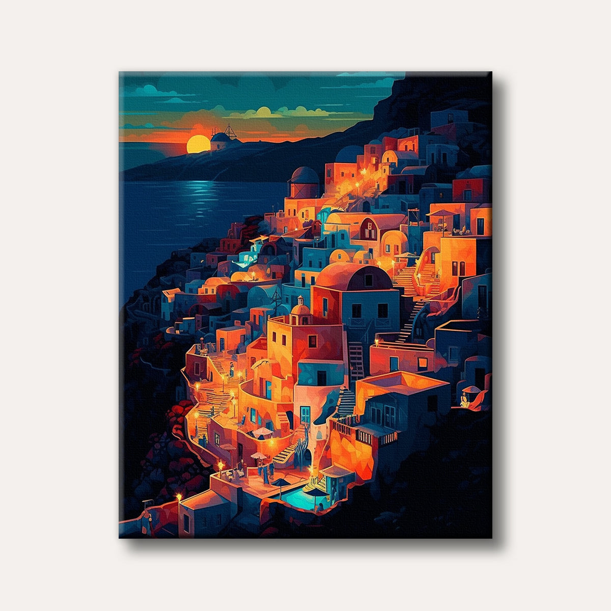 A vibrant, stylized painting of a cliffside village with white and orange buildings glowing under a rich sunset over the deep blue sea, depicting a picturesque Mediterranean scene.