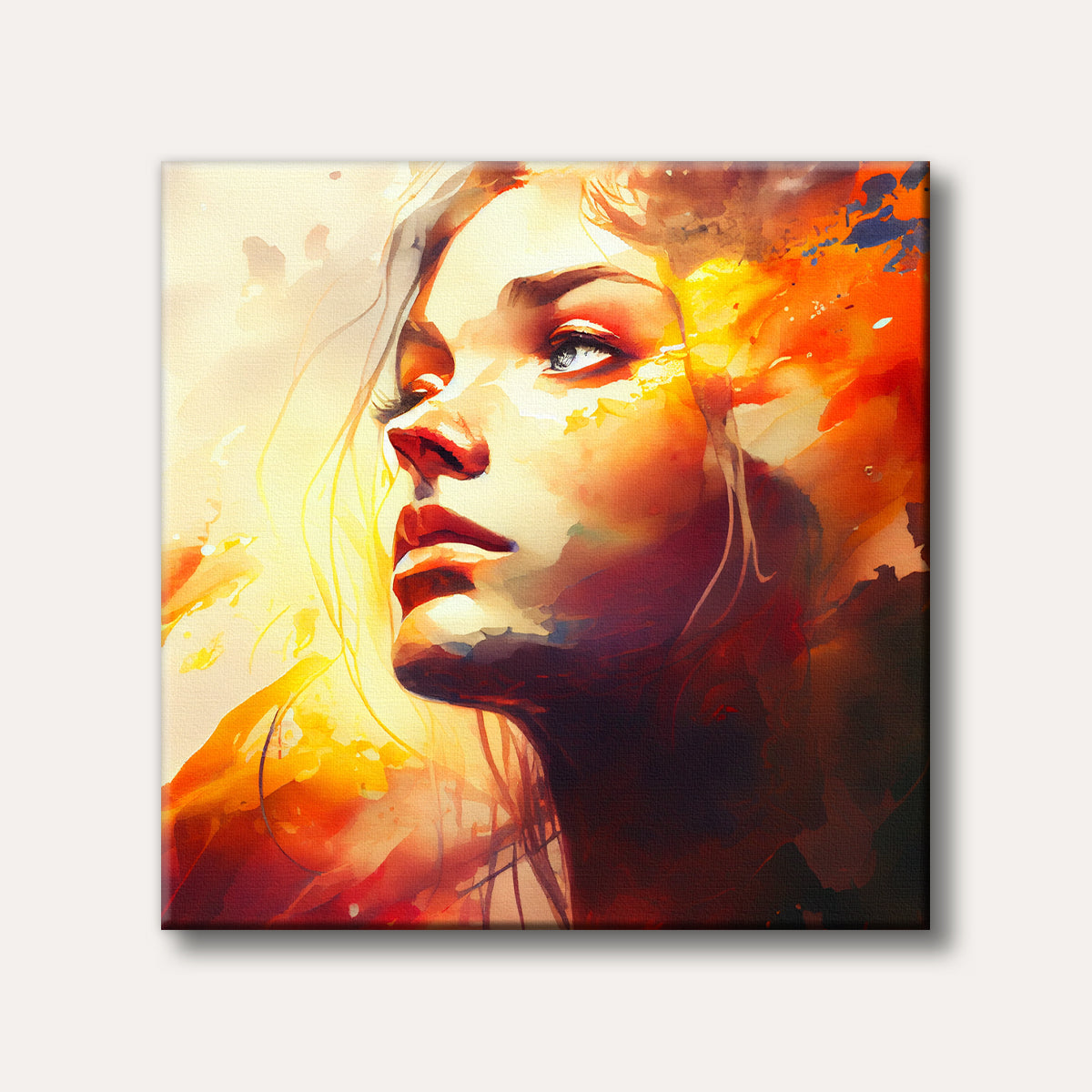 A striking watercolour portrait of a woman's profile, illuminated by warm golden and fiery red hues, conveying an expressive and dreamlike mood.