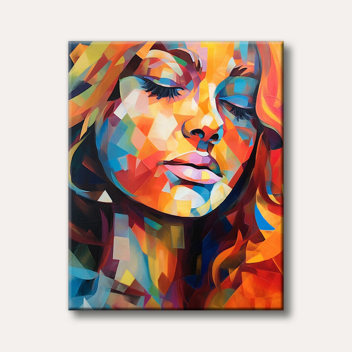 A close-up portrait of a woman with closed eyes, depicted in a vibrant geometric abstract style using fragmented shapes and bold colours like orange, red, yellow, and blue.