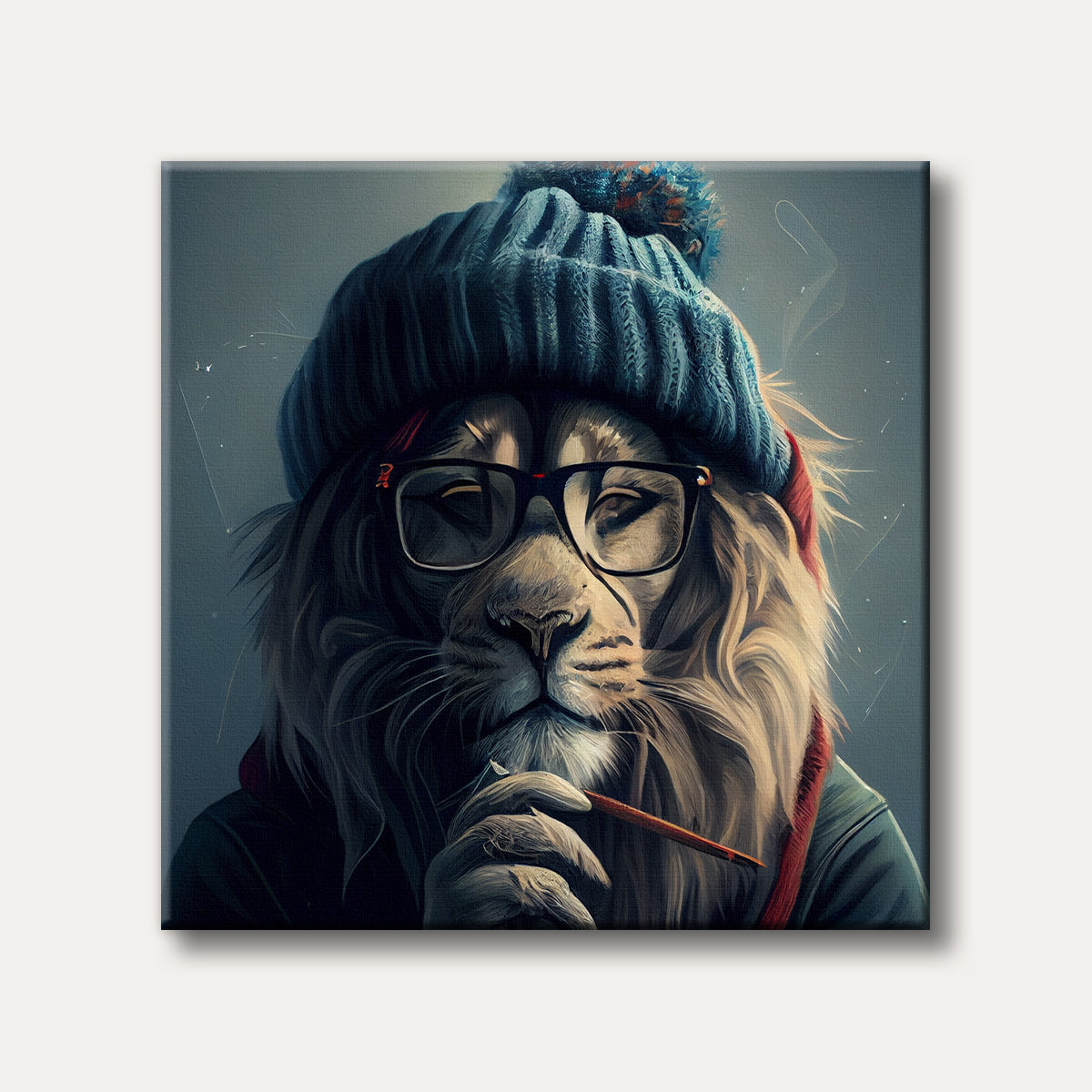 A detailed portrait of a lion wearing a blue knitted beanie and black eyeglasses, holding a pencil, against a muted blue-grey background.