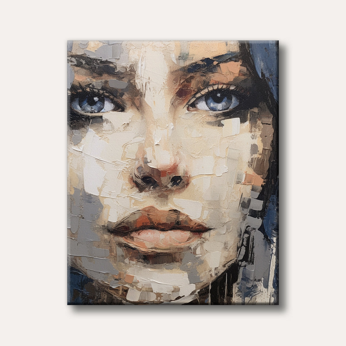 A close-up, textured portrait of a woman with captivating blue eyes, painted in a modern impasto style with visible, bold palette knife strokes.