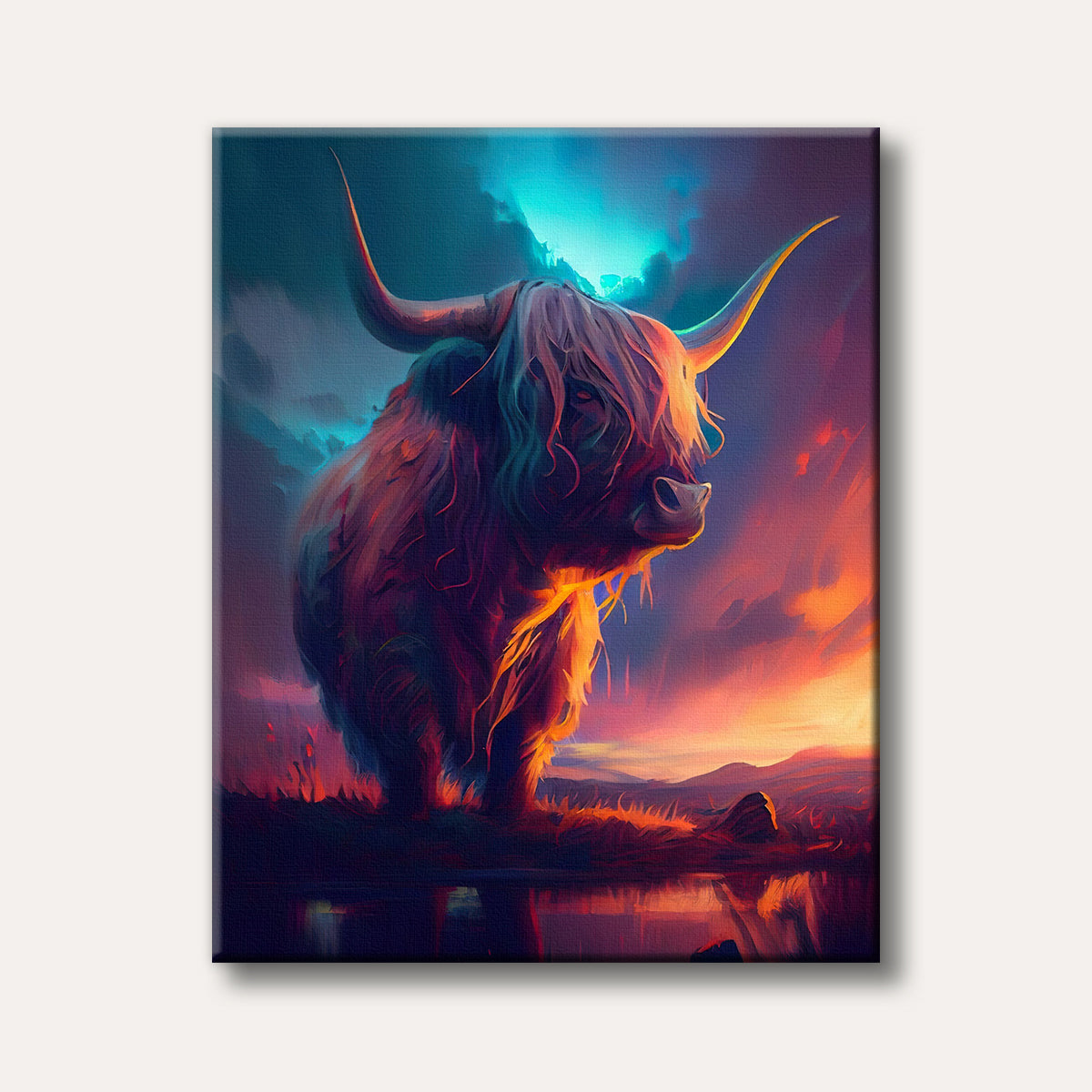 An expressive, vibrant painting of a Highland cow standing in a dramatic sunset landscape with fiery orange, pink, and blue hues, rendered in a semi-abstract style.