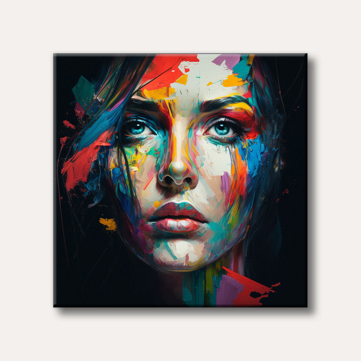 A close-up portrait of a woman's face featuring vibrant, expressive abstract paint strokes in multiple colours, emphasizing her striking blue eyes against a dark background.