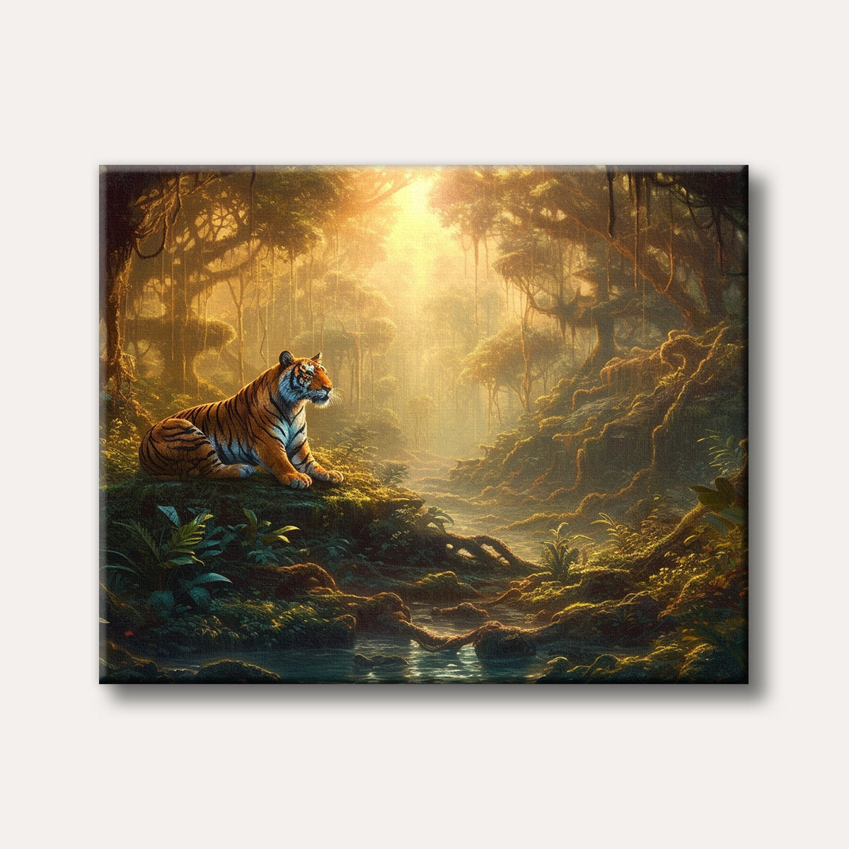 A powerful tiger resting on a rock amidst a lush, vibrant jungle, bathed in warm, golden sunlight filtering through the trees, rendered in a realistic painting style.
