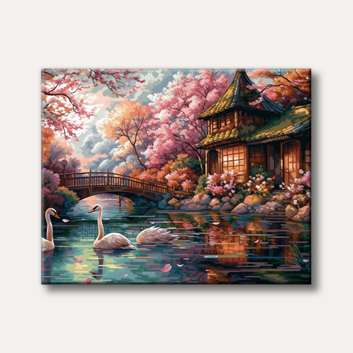 A vibrant painting of two swans on a tranquil pond, surrounded by a Japanese-style house, a bridge, and abundant pink cherry blossom trees, rendered in an illustrative style.