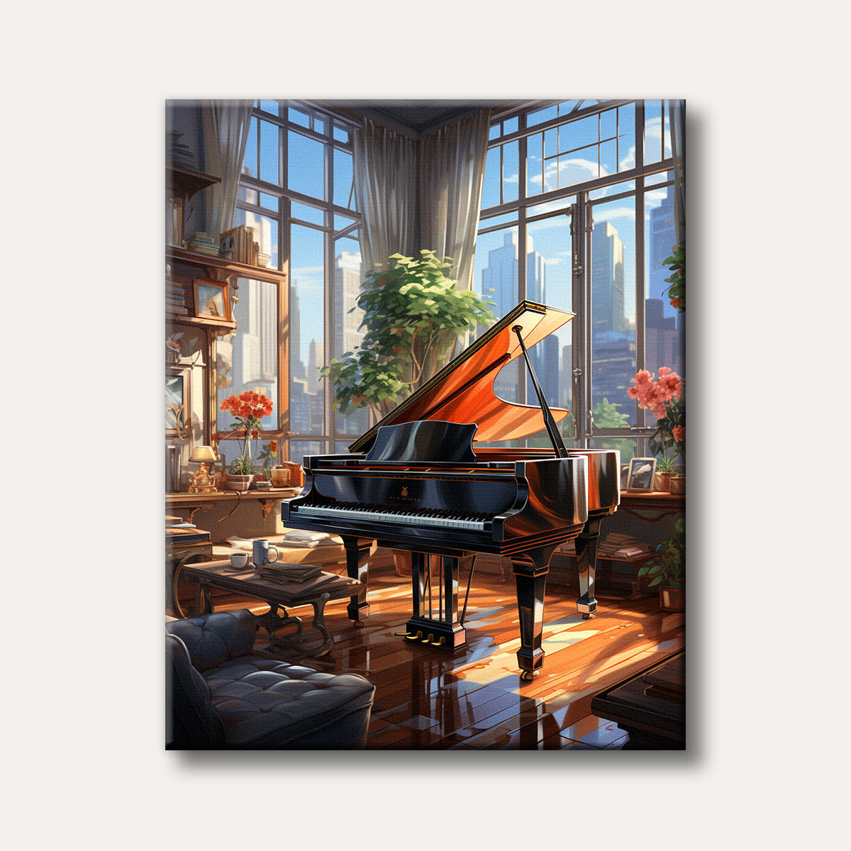 A highly detailed image of a black grand piano positioned in a sunlit luxury apartment, with large windows revealing a bustling city skyline in a realistic and vibrant style.