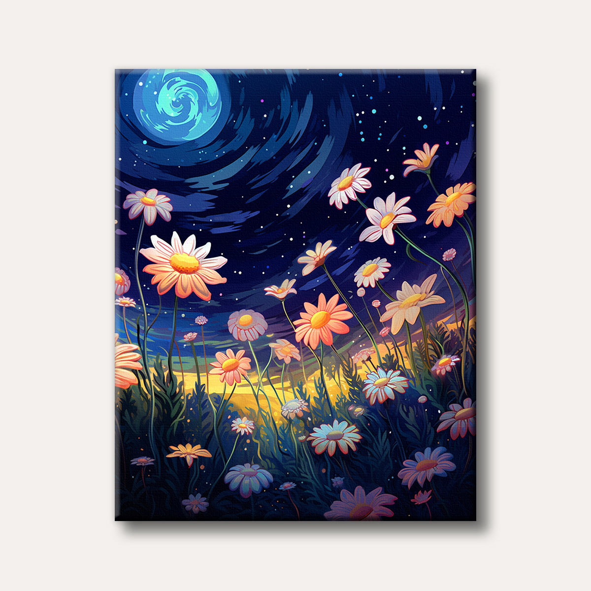 A vibrant, stylized illustration of numerous daisies reaching towards a swirling blue moon in a dark, starry night sky with a warm glow on the horizon.