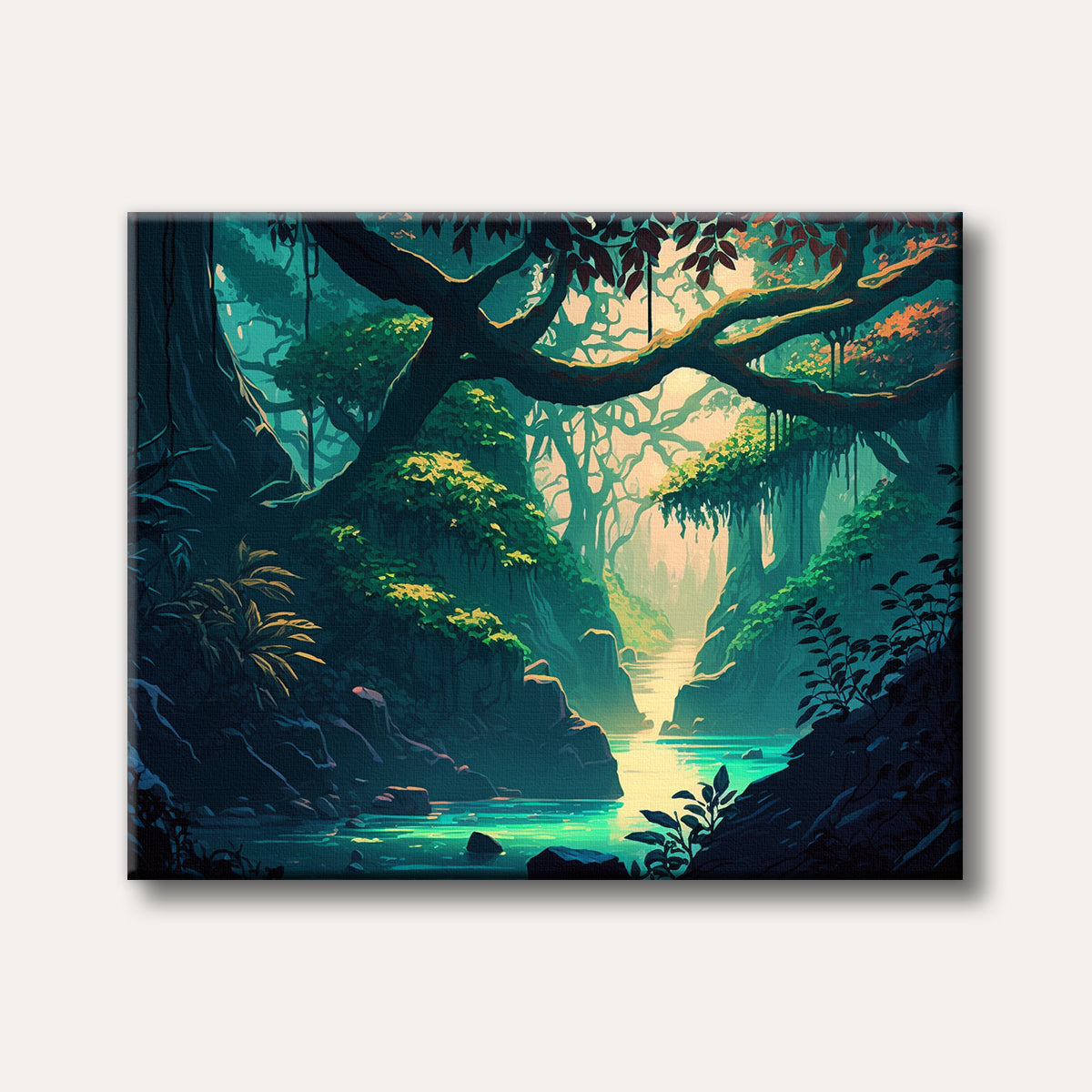 A vibrant digital painting of a lush jungle scene with a glowing river winding through a rocky gorge, illuminated by a warm, ethereal light, creating a mystical and serene mood.
