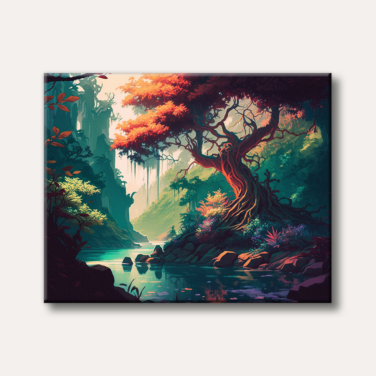 A vivid, stylized painting of an enchanted forest with a large, orange-leafed tree by a tranquil teal river, set against misty, towering cliffs, creating a mystical and vibrant mood.