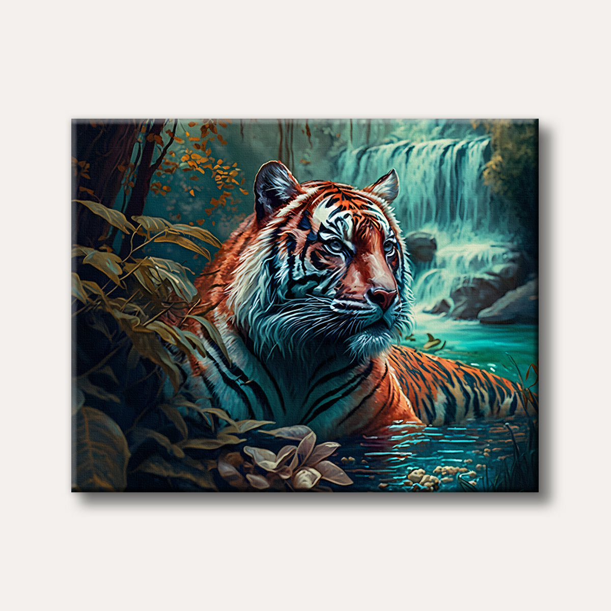 A majestic tiger with vibrant orange and black stripes lies partially submerged in a serene jungle river, with a cascading waterfall in the background, rendered in a detailed and expressive painting style.
