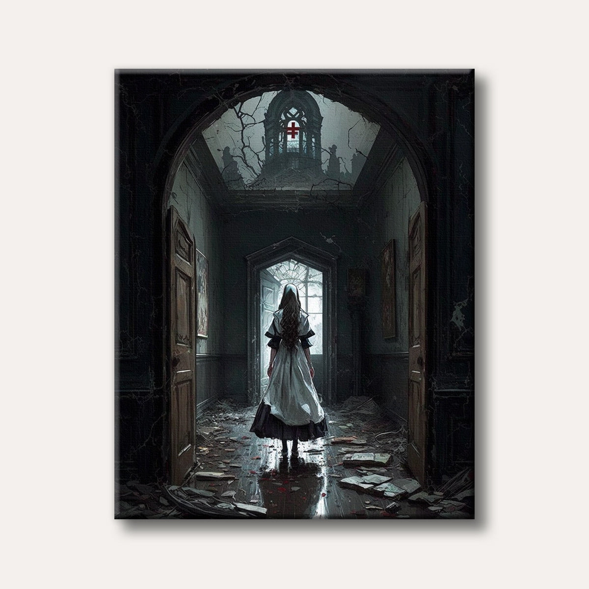 A solitary figure in a white dress stands in a dark, decaying gothic hallway, looking towards an arched opening with a distant structure, depicted in a detailed and mysterious style.