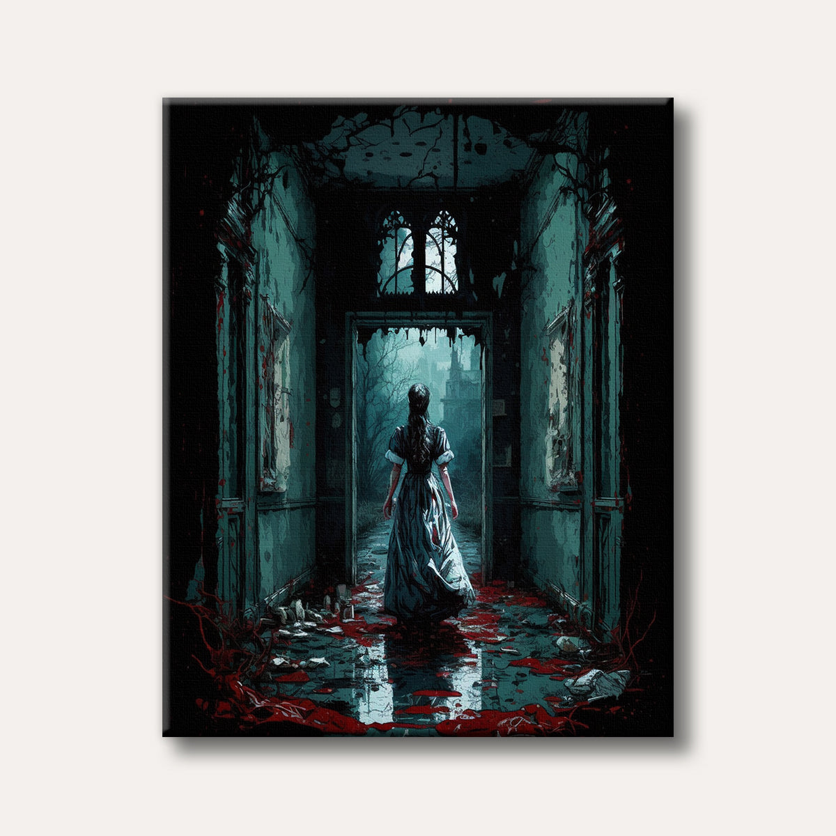 A haunting image of a woman in a long dress walking through a desolate, blood-splattered gothic mansion hallway towards a moonlit view of a haunted castle, depicted in a dark, atmospheric illustration style.