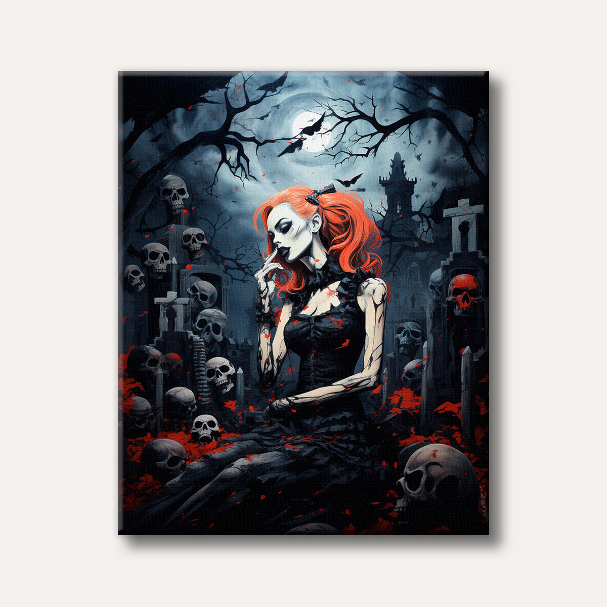 A pale-skinned woman with fiery red hair sits amidst skulls and red foliage in a dark gothic graveyard under a full moon, depicted in a dark fantasy art style.