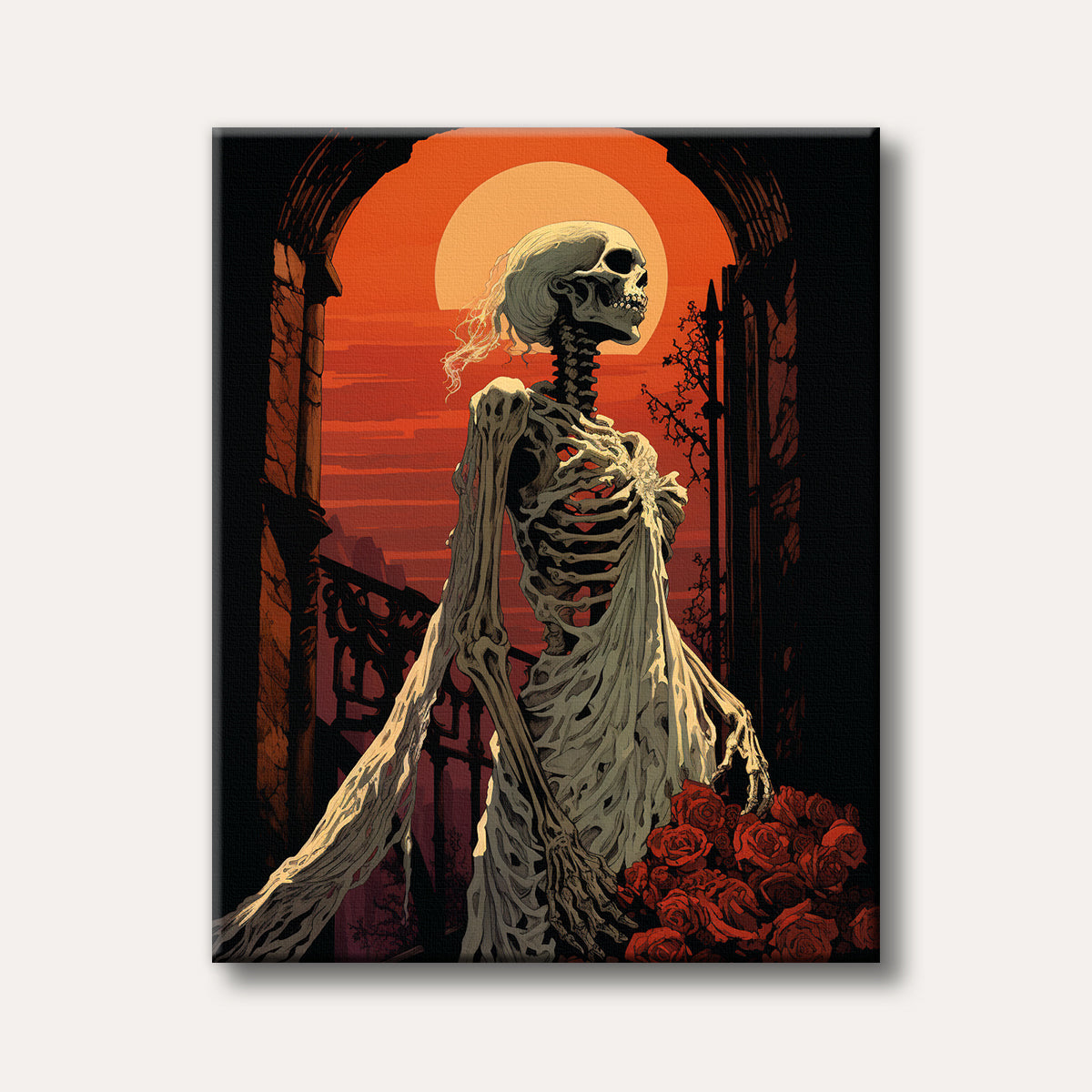 A skeleton figure in flowing robes holding a bouquet of red roses, set against a vibrant orange sunset in a gothic architectural setting, rendered in an illustrative, slightly eerie style.