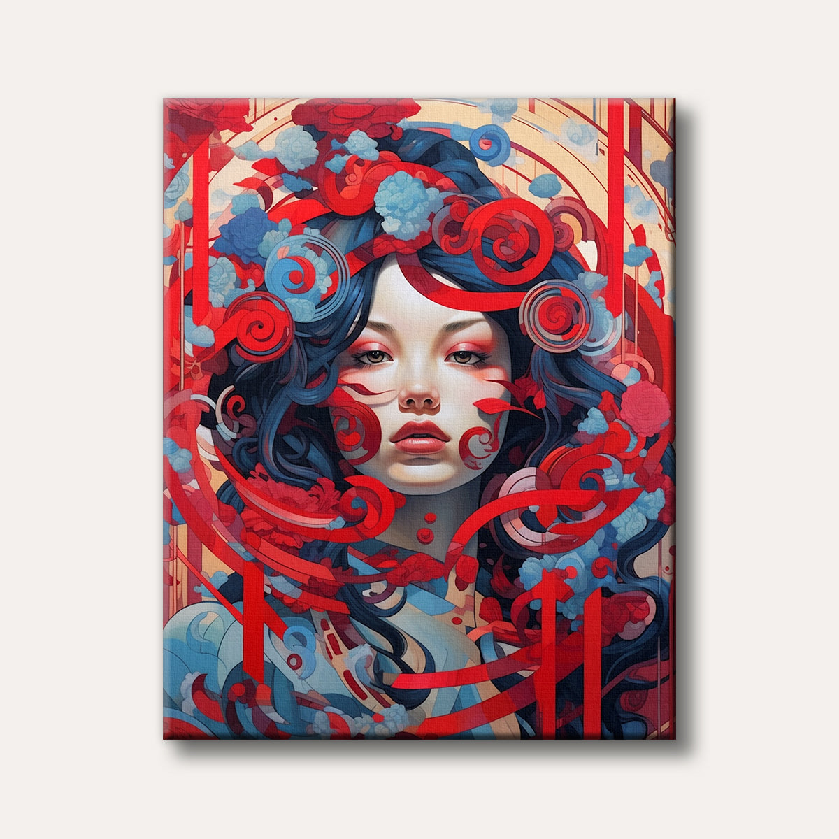 A stylized portrait of a woman with long dark hair, surrounded by swirling crimson ribbons and light blue floral shapes, depicted in a vibrant abstract art style.