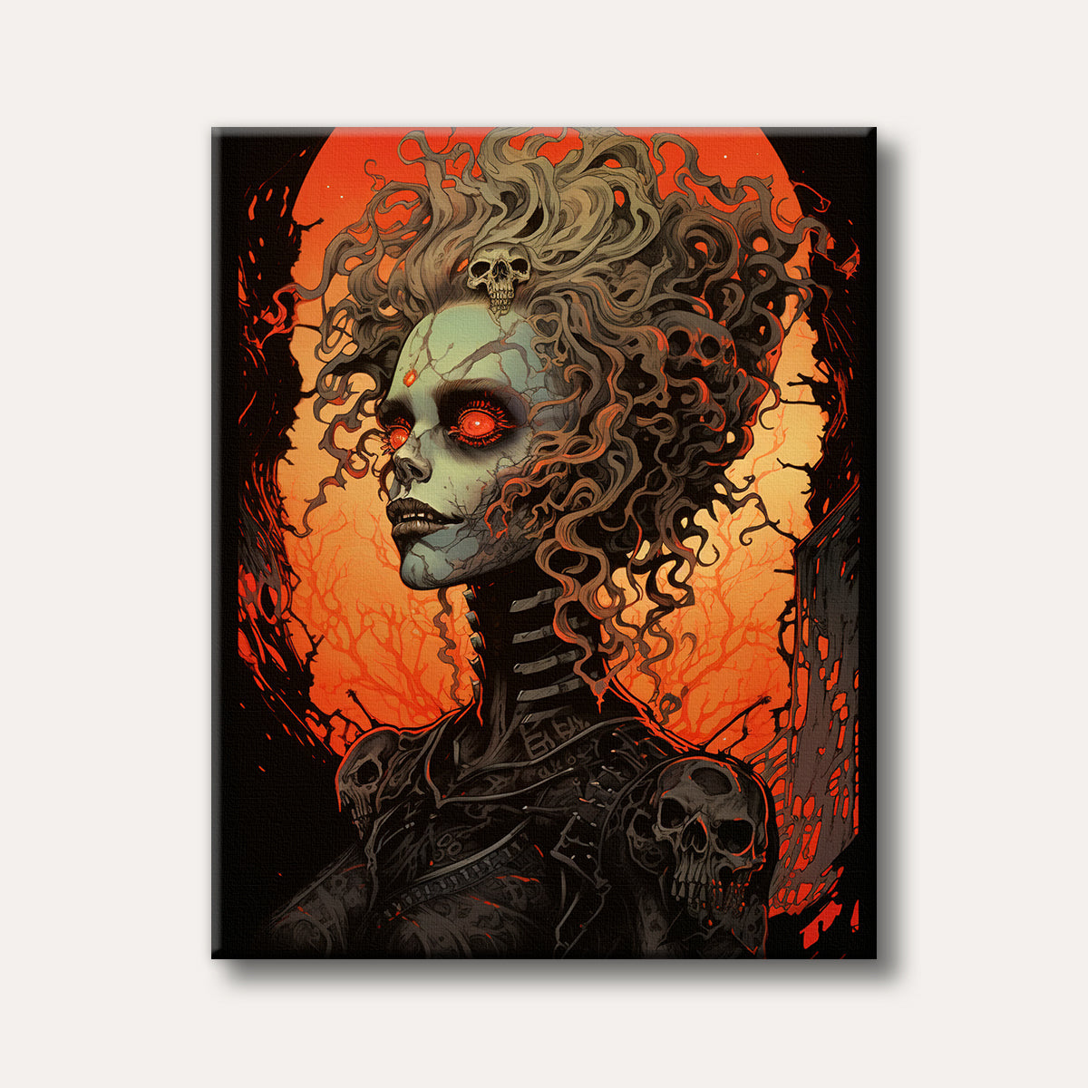 A striking dark fantasy portrait of an undead woman with glowing red eyes, decaying skin, and skulls woven into her intricate hair, set against a fiery orange background of barren trees in a gothic art style.