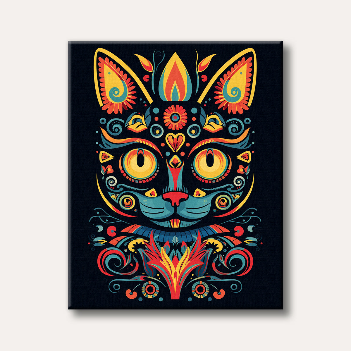 A vibrant, intricately patterned cat head in a folk art or Alebrije style, set against a dark background with orange, blue, yellow, and red details.
