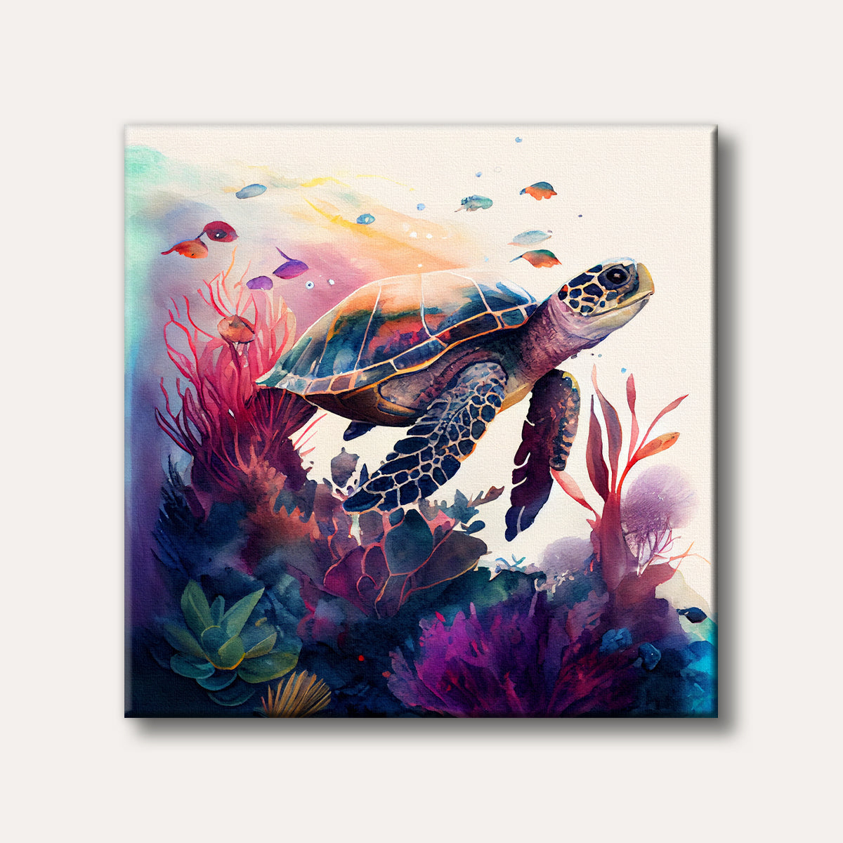 A vibrant watercolour painting of a sea turtle swimming gracefully amidst colourful coral and small fish in a serene underwater scene.