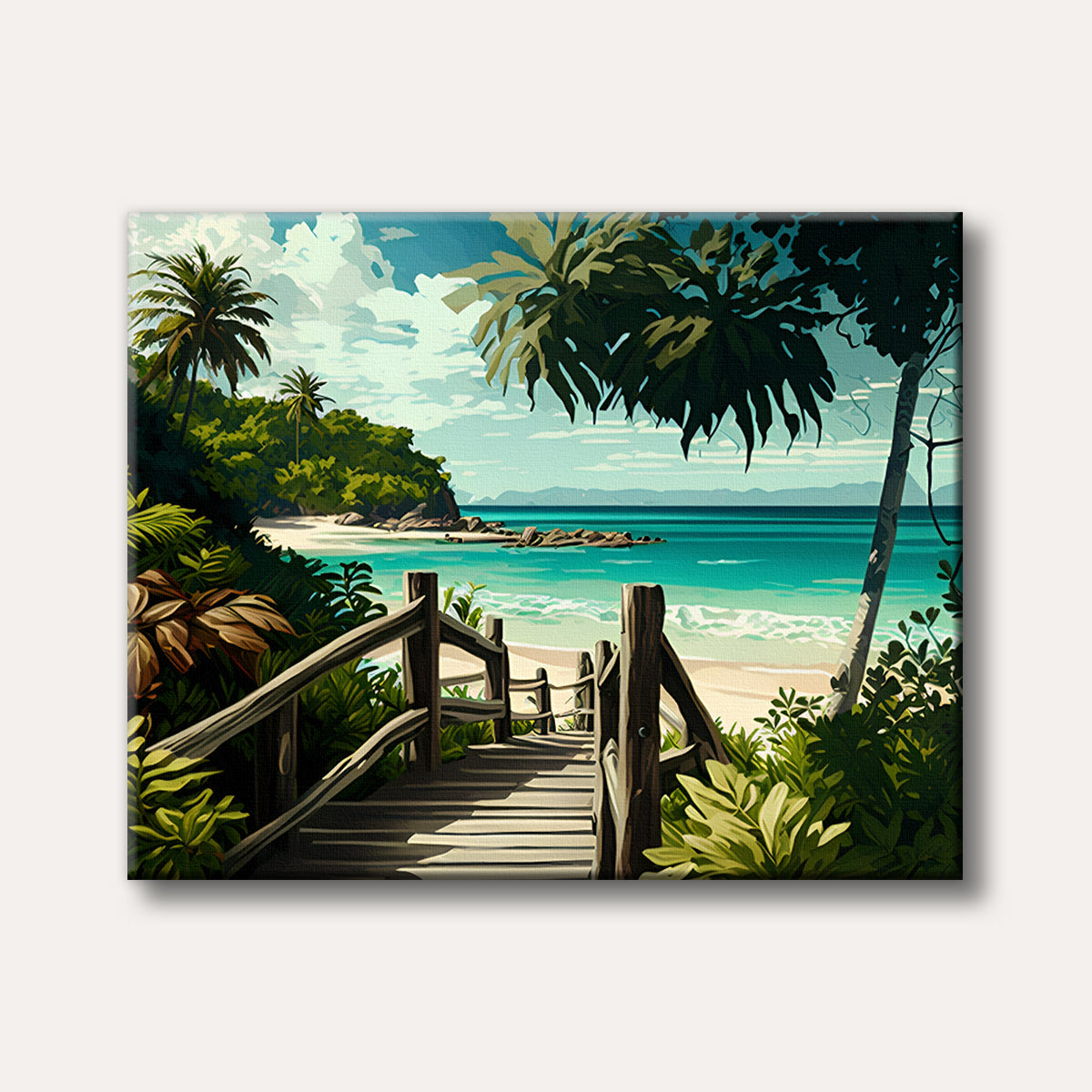 A wooden pathway leads down to a serene tropical beach with clear turquoise water and lush green foliage, depicted in a bright, illustrative style.