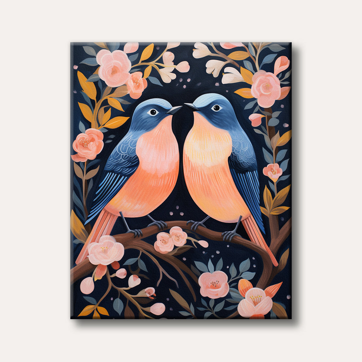 A charming painting of two blue and peach birds perched on a branch, surrounded by soft pink and orange blossoms against a dark blue background, rendered in a whimsical, illustrative style.