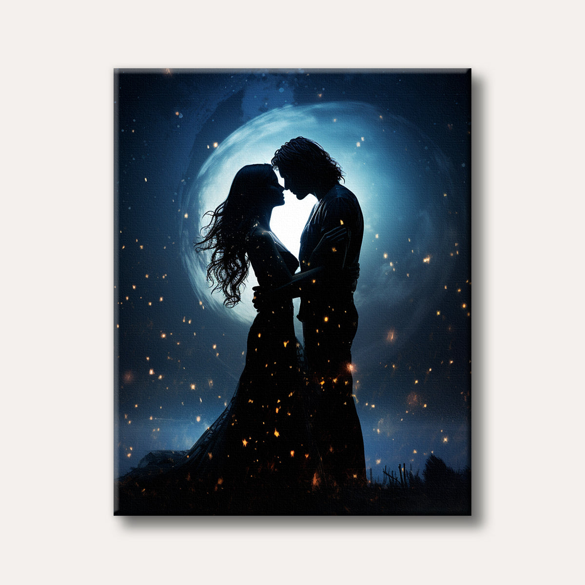 A silhouetted couple embracing intimately against a glowing full moon and a star-filled dark blue sky, depicted in a romantic and magical art style.