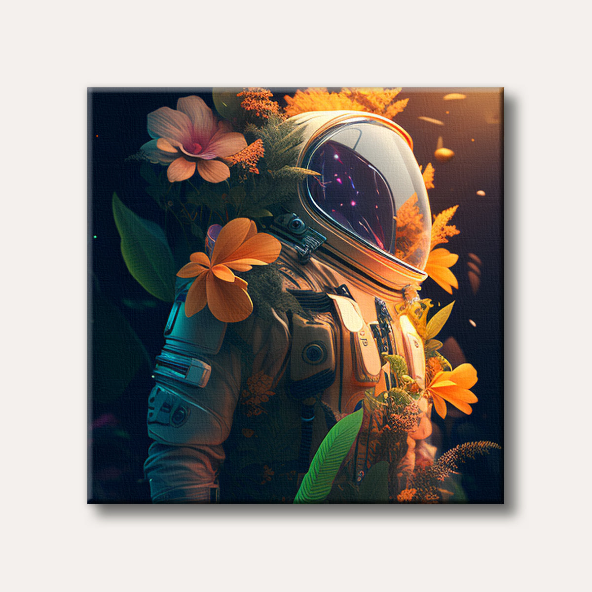 An astronaut suit, decorated with vibrant orange and pink flowers and lush green plants, stands against a dark background in a surreal, dreamlike style.