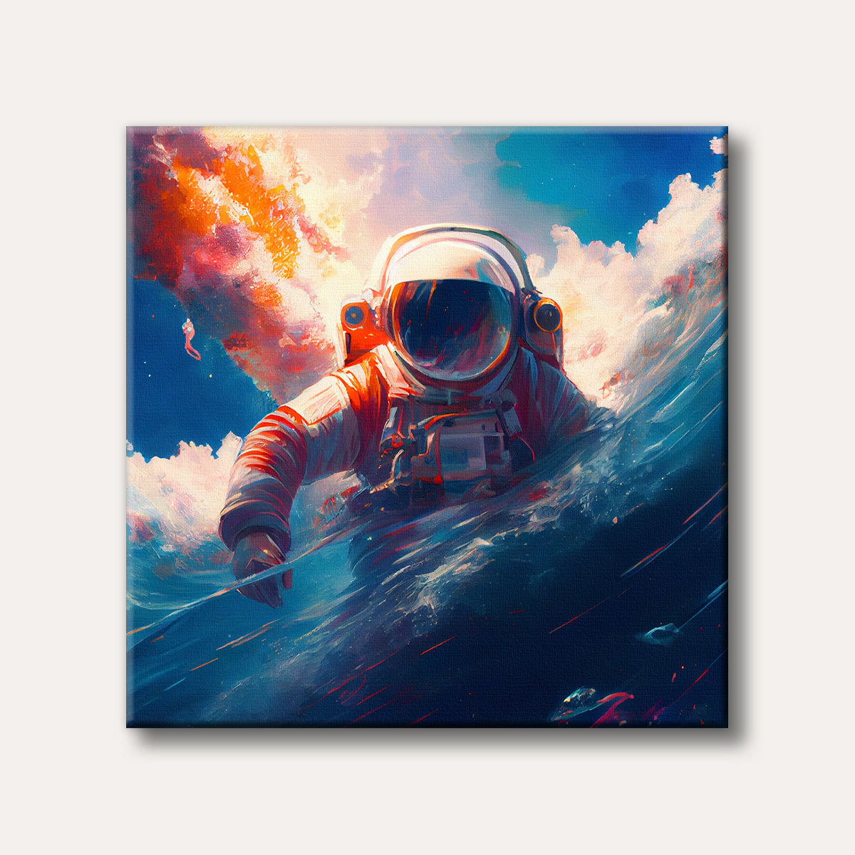 A vibrant, abstract painting of an astronaut appearing to emerge from swirling orange clouds into a deep blue, cosmic ocean, rendered with expressive brushstrokes.