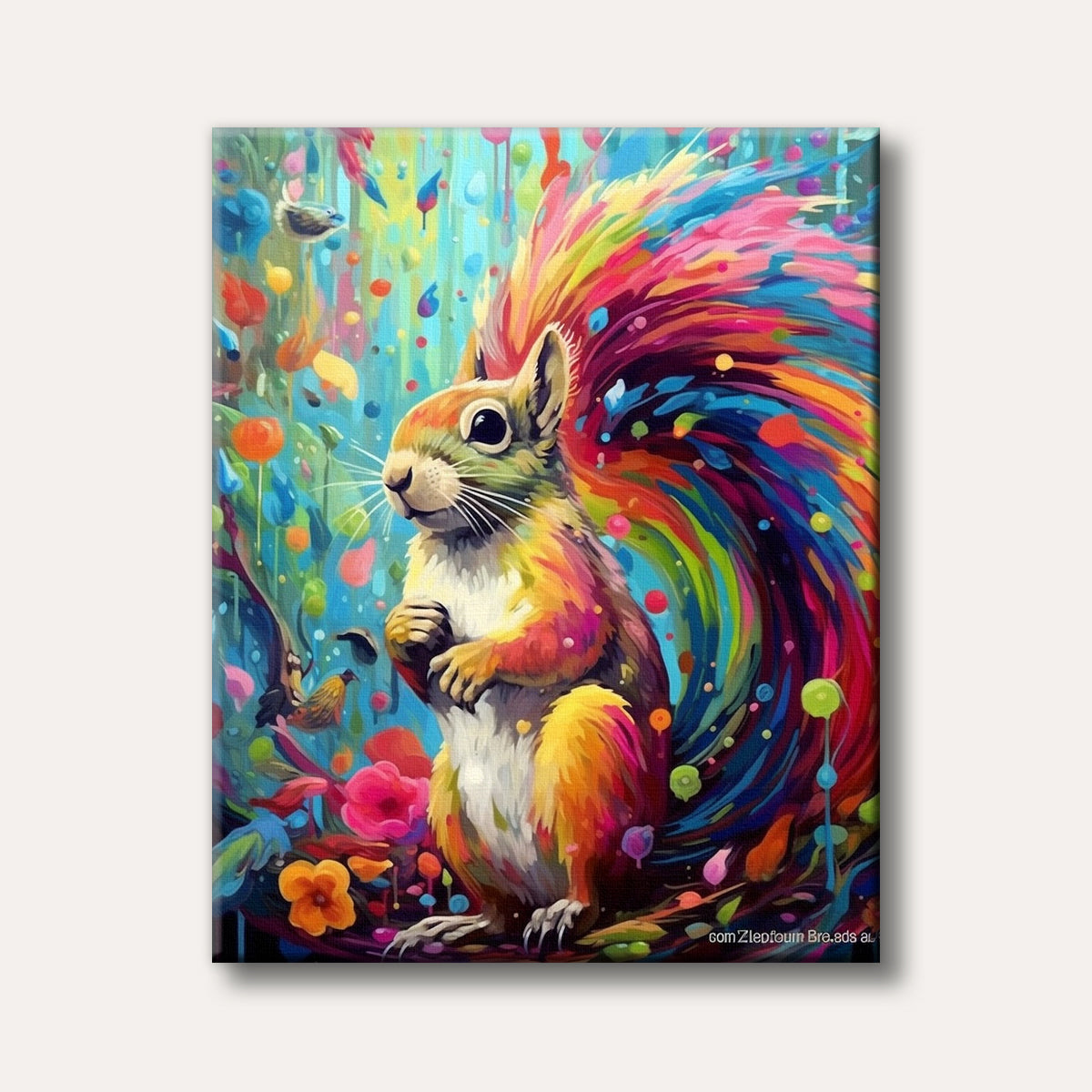 A vibrant squirrel depicted with a tail of swirling rainbow colours, set against an abstract backdrop of colourful splatters and whimsical shapes, creating a joyful and artistic scene.