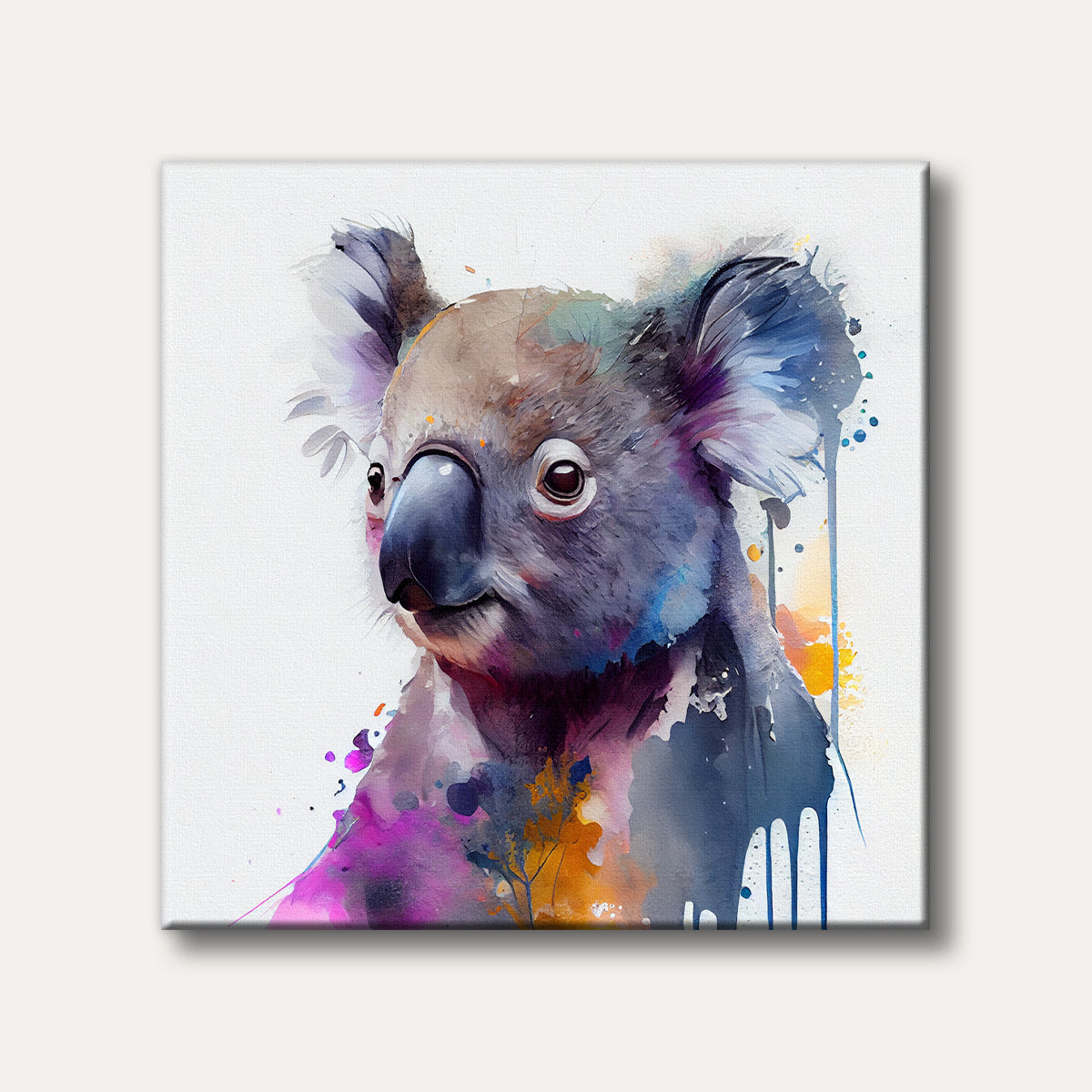 A watercolour painting of a koala with splashes of vibrant pink, blue, purple, and orange paint, creating a whimsical and artistic effect on a white background.